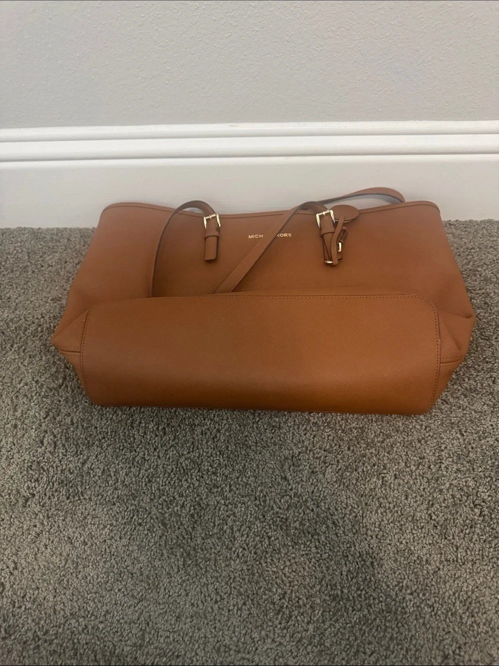 Michael Kors Brown Leather Tote with Gold Tone Logo Charm